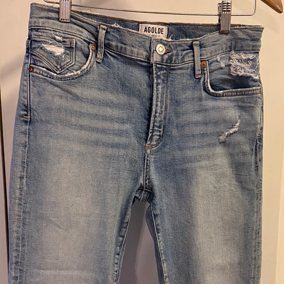 EUC AGOLDE Sophie High Rise Skinny Crop Distressed Jeans Light Blue Wash Size 28 - Picture 6 of 11